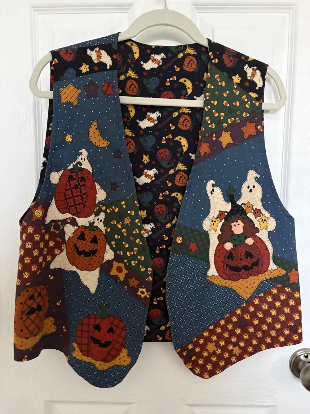 Women's Halloween Patchwork Pumpkin Vest - Blue & Burgundy #0394
